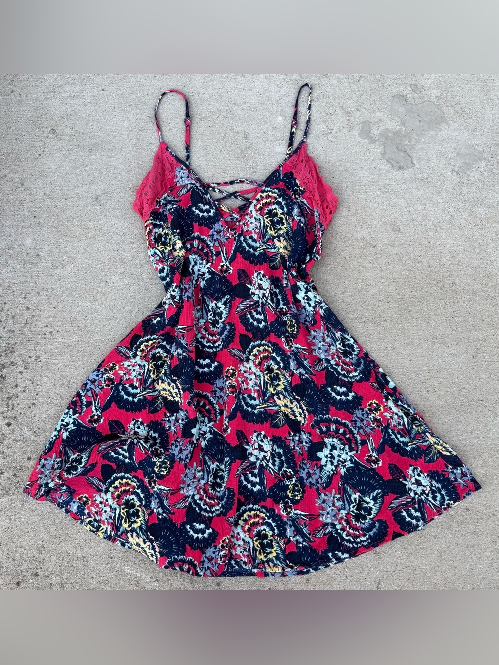Roxy Pink Tropical Floral Eyelet Lace Strappy Sun Dress Women's Size Medium